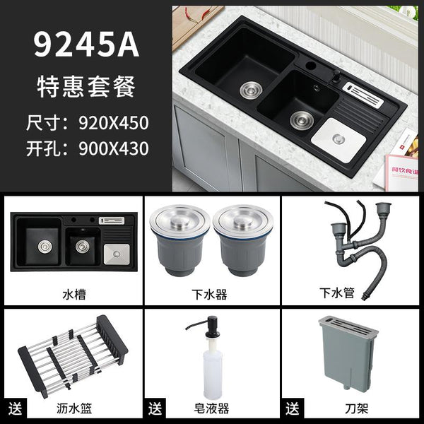 Kitchen Sink Quartz Stone Sink With Knife Holder, Black Granite Three Sinks