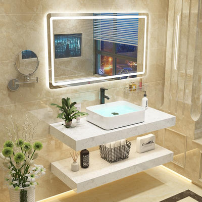Modern Light Luxury Bathroom Cabinet Combination Double Deck Marble Wash Basin Wall Mounted Small