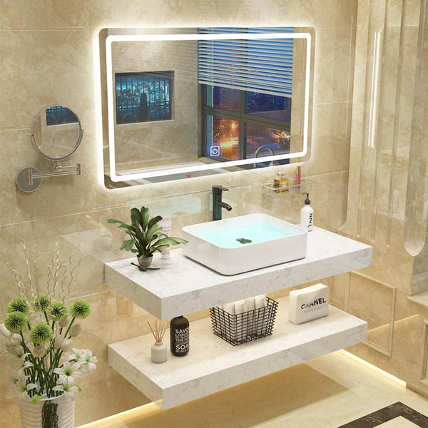 Modern Light Luxury Bathroom Cabinet Combination Double Deck Marble Wash Basin Wall Mounted Small