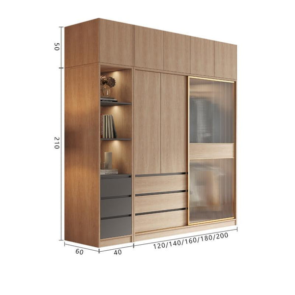 Lu Luxurious Sliding Door Wardrobe Glass Door Wardrobe Bedroom Simple Modern Wood Color Assembled