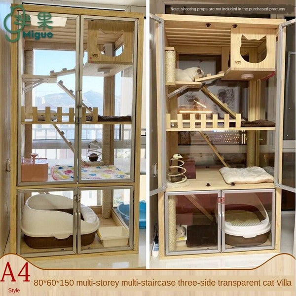 Pazazz Real Wooden Cage Villa Apartment Home Oversized Multi-storey Indoor Cat House with Toilet