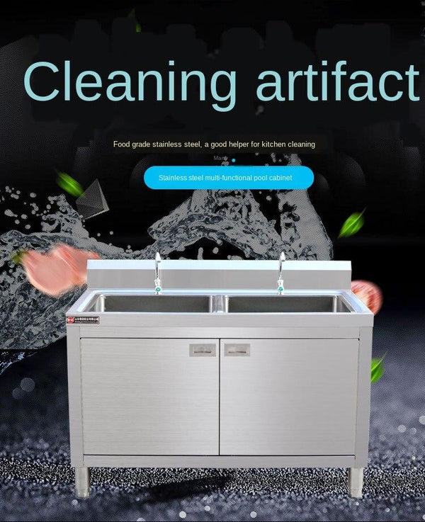Kitchen 304 Stainless Steel Floor-mounted Integrated Dish Washing Basin Sink Cabinet with Operating