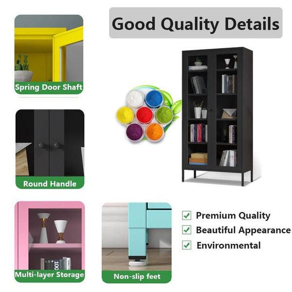 WOODYES Nordic Iron Bookcase Glass Door Cold Rolled Steel Book Shelf Storage Cabinet Student Floor