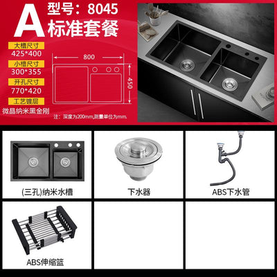 Black Nano Kitchen Sink Double Kitchen Dish Basin 304 Stainless Steel Handmade Household Sink Set