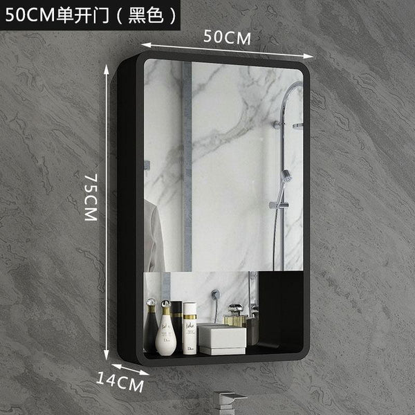 Nordic Black and White Solid Wood Bathroom Mirror Cabinet Waterproof Toilet Mirror Box Wall Storage