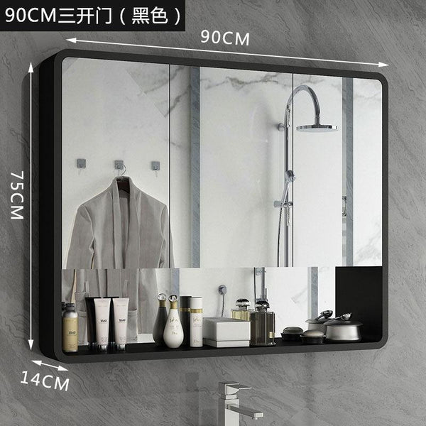 Nordic Black and White Solid Wood Bathroom Mirror Cabinet Waterproof Toilet Mirror Box Wall Storage
