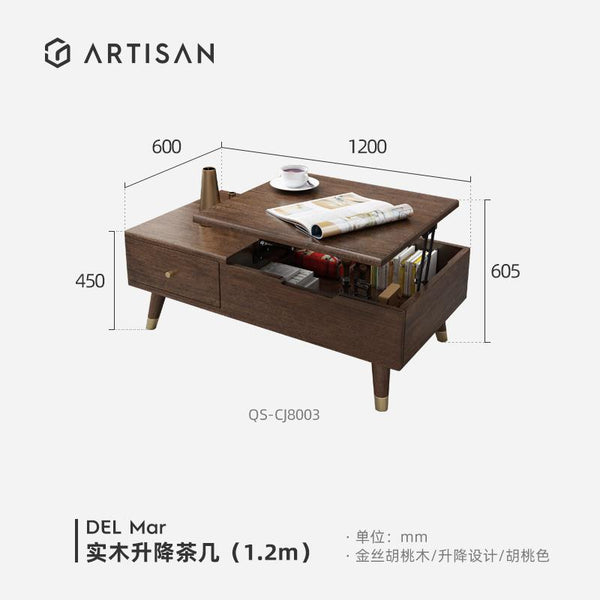 (MUWU) Multifunctional Folding Coffee Table Noble Quality Solid Wood Furniture Walnut Color Lifting