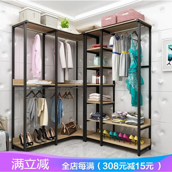 New Bedroom Rack Floor Coat Room Corner Open Simple Iron Hanger Wooden Hanging Wardrobe Combination