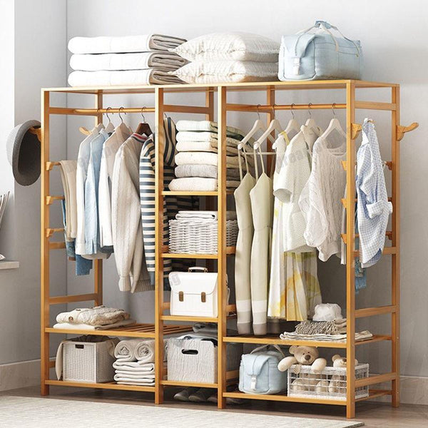 Clothes Rack Open Type Wardrobe Sturdy Coat Hangers With Drawer Bamboo Wardrobe