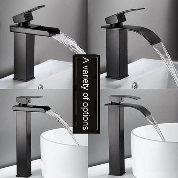 Full copper stage face wash basin hot and cold cabinet bathroom Nordic black waterfall tap