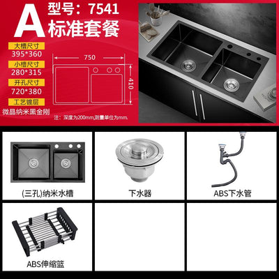 Black Nano Kitchen Sink Double Kitchen Dish Basin 304 Stainless Steel Handmade Household Sink Set