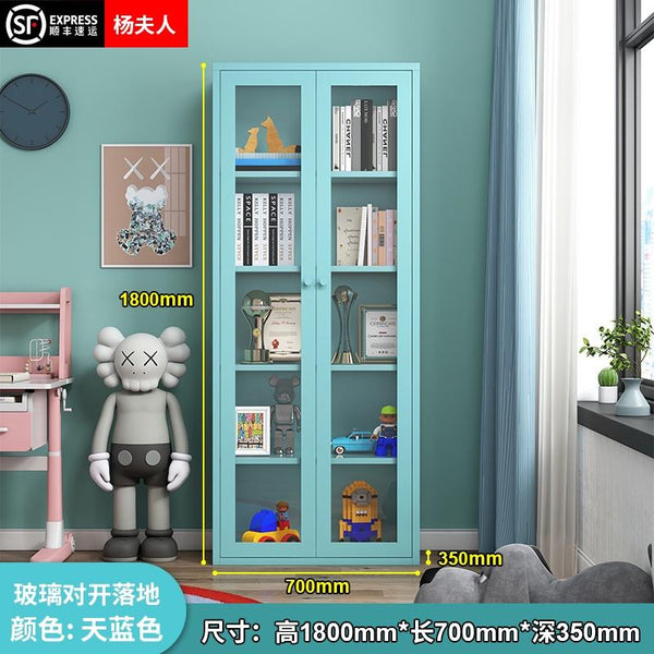 WOODYES Nordic Iron Bookcase Glass Door Cold Rolled Steel Book Shelf Storage Cabinet Student Floor