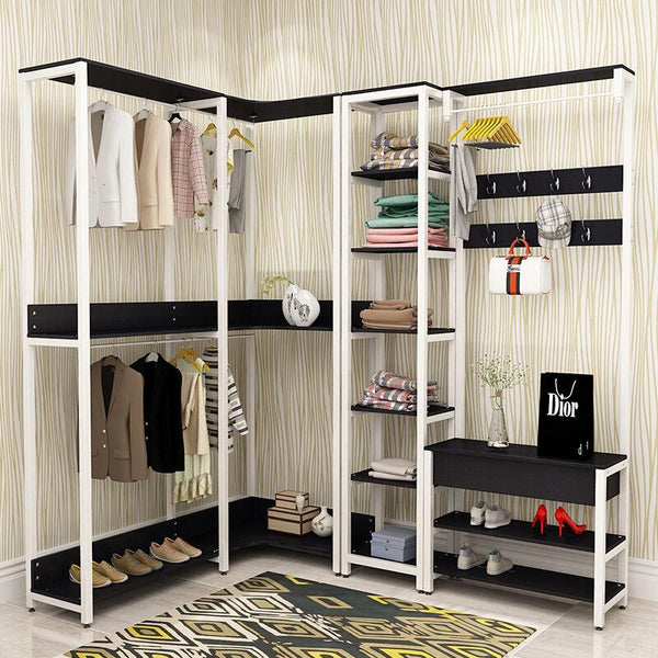 New Bedroom Rack Floor Coat Room Corner Open Simple Iron Hanger Wooden Hanging Wardrobe Combination