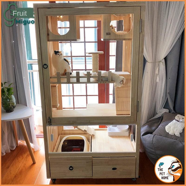 Pazazz Real Wooden Cage Villa Apartment Home Oversized Multi-storey Indoor Cat House with Toilet