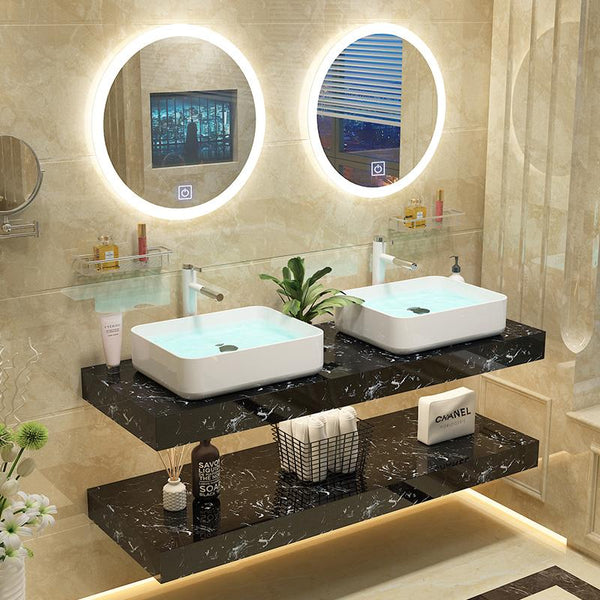 Modern Light Luxury Bathroom Cabinet Combination Double Deck Marble Wash Basin Wall Mounted Small