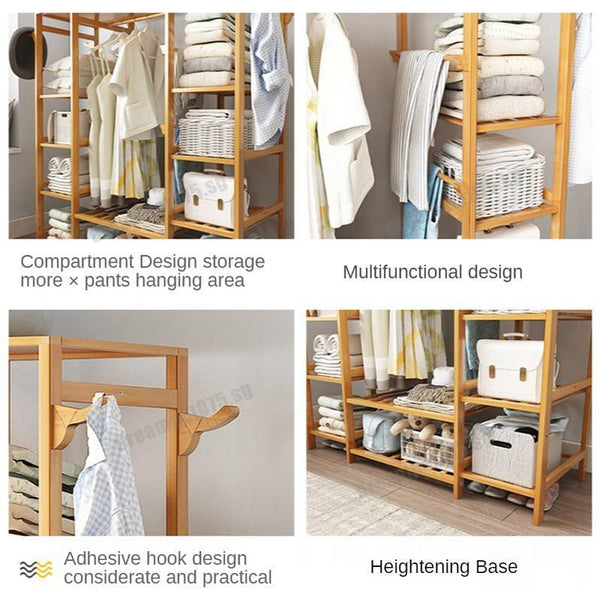 Clothes Rack Open Type Wardrobe Sturdy Coat Hangers With Drawer Bamboo Wardrobe