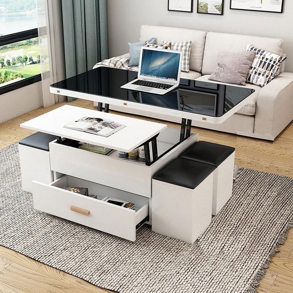 (MUWU) Lifting Coffee Table With 4 Stools Small Family Creative Dining Table Tea Table Dual Use