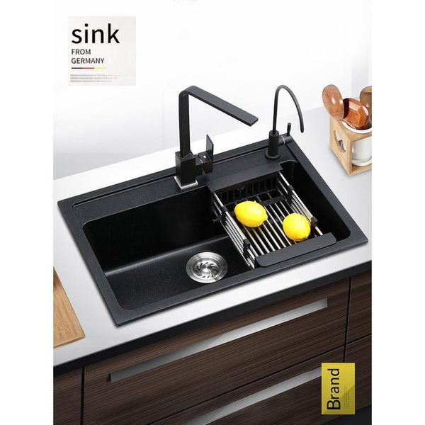 Kitchen Sink Black Quartz Stone Sink Under Counter Basin With Embedded Granite Single Sink