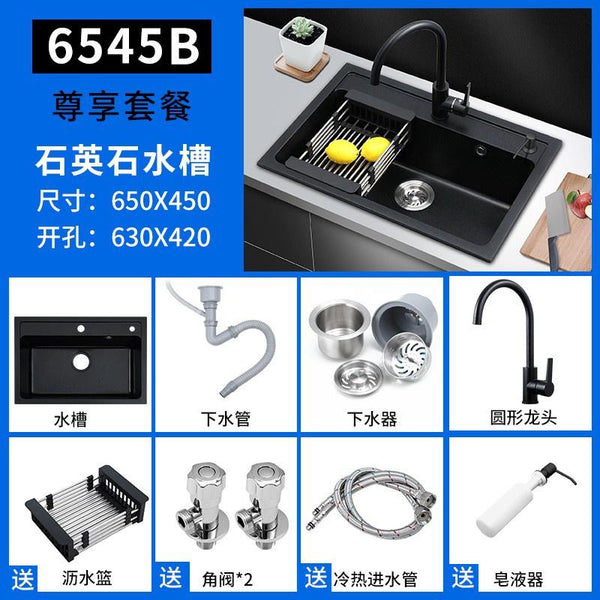 Kitchen Sink Black Quartz Stone Sink Under Counter Basin With Embedded Granite Single Sink