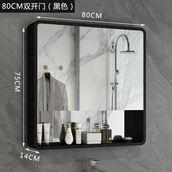 Nordic Black and White Solid Wood Bathroom Mirror Cabinet Waterproof Toilet Mirror Box Wall Storage