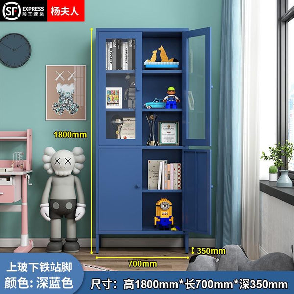 WOODYES Nordic Iron Bookcase Glass Door Cold Rolled Steel Book Shelf Storage Cabinet Student Floor