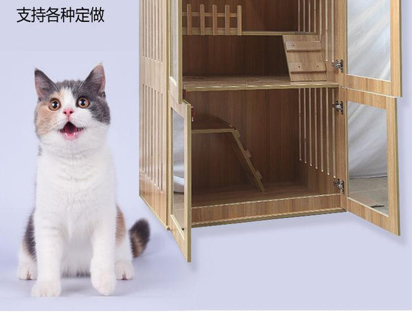 Cage Villa Luxury Home Apartment Double-deck Large Size with Toilet House Glass Cat Cabinet Solid