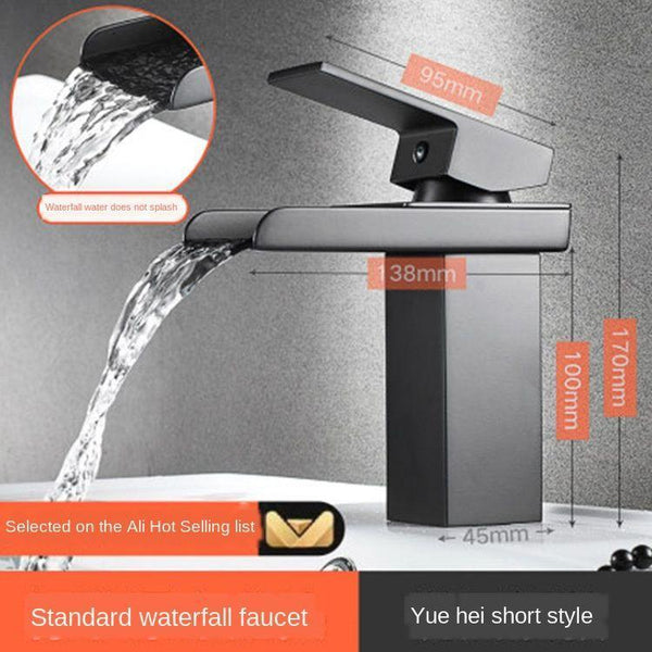 Full copper stage face wash basin hot and cold cabinet bathroom Nordic black waterfall tap