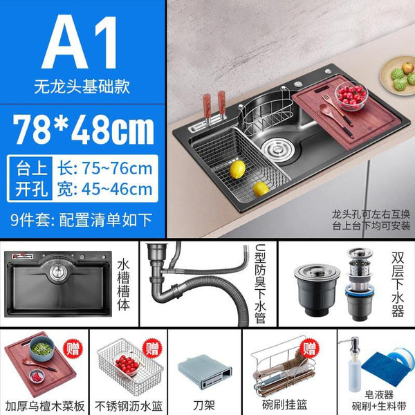 Kitchen Sink Single Basin 304 Stainless Steel Thickened Dishwashing Sink Multifunctional Black Nano