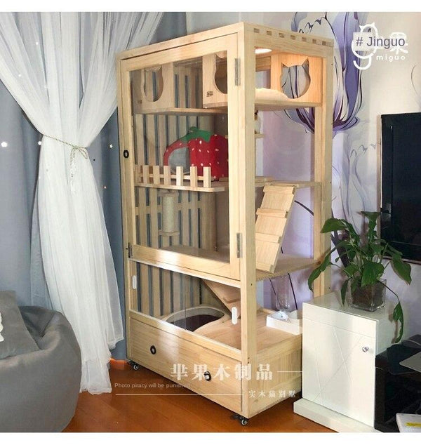 Pazazz Real Wooden Cage Villa Apartment Home Oversized Multi-storey Indoor Cat House with Toilet