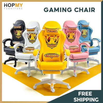 Gaming Chair Ergonomic High Pikachu Computer chair with Retractible Footrest PU Leather Back