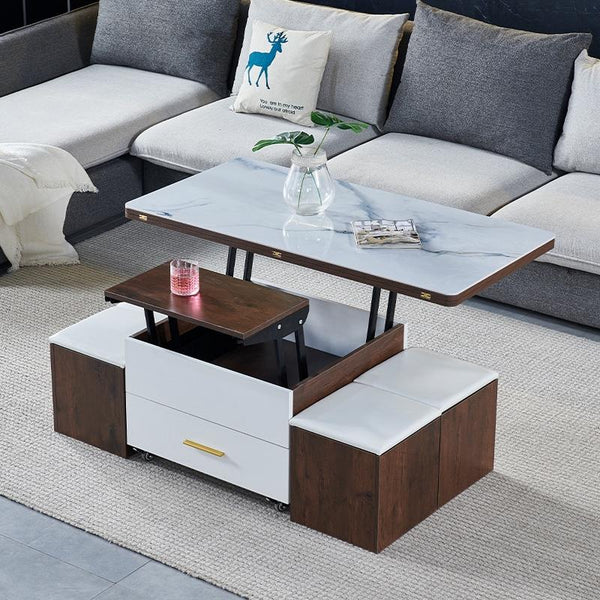 (MUWU) Lifting Coffee Table With 4 Stools Small Family Creative Dining Table Tea Table Dual Use