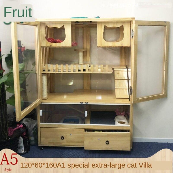 Pazazz Real Wooden Cage Villa Apartment Home Oversized Multi-storey Indoor Cat House with Toilet