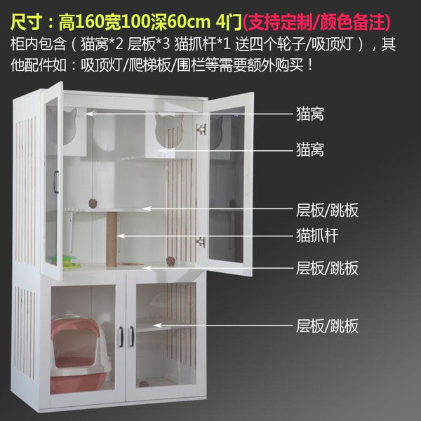 Cage Villa Luxury Home Apartment Double-deck Large Size with Toilet House Glass Cat Cabinet Solid
