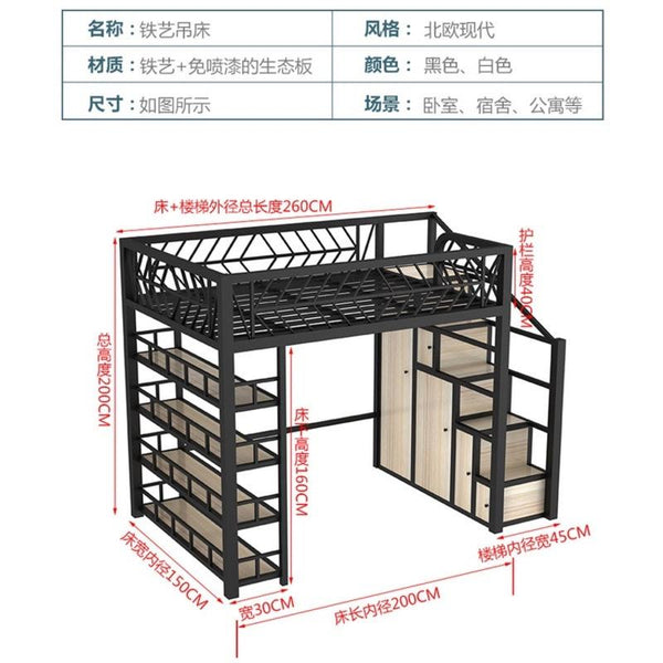 Y&u Wrought Iron Loft Bed Space Saving Iron Frame Bed Ladder Cabinet Single Double Bed Elevated Iron