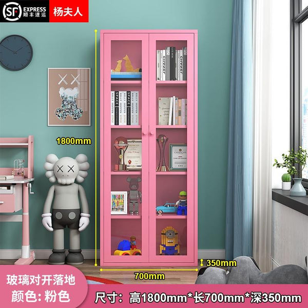 WOODYES Nordic Iron Bookcase Glass Door Cold Rolled Steel Book Shelf Storage Cabinet Student Floor