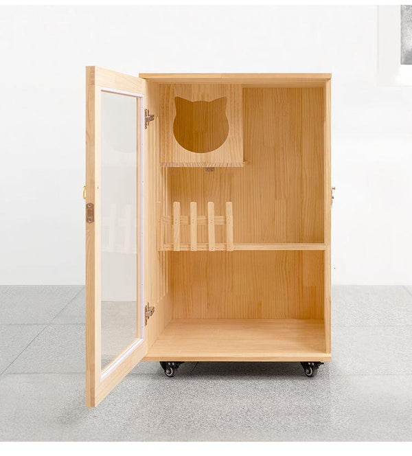 Cabinet House Solid Wood Glass Double Layer Home Pet Shop Villa Cat Cage Super Large Free Space