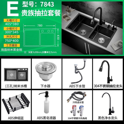 Dices Black Nano Double-slot Kitchen Hand-made Washing Basin Stainless Steel Household Oversized