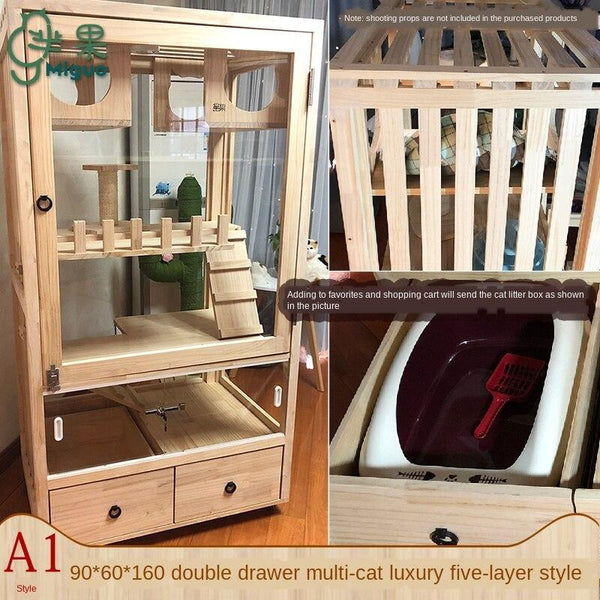 Pazazz Real Wooden Cage Villa Apartment Home Oversized Multi-storey Indoor Cat House with Toilet