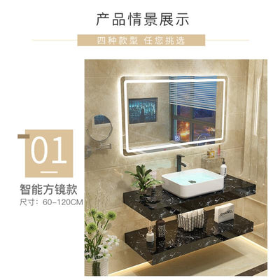Modern Light Luxury Bathroom Cabinet Combination Double Deck Marble Wash Basin Wall Mounted Small